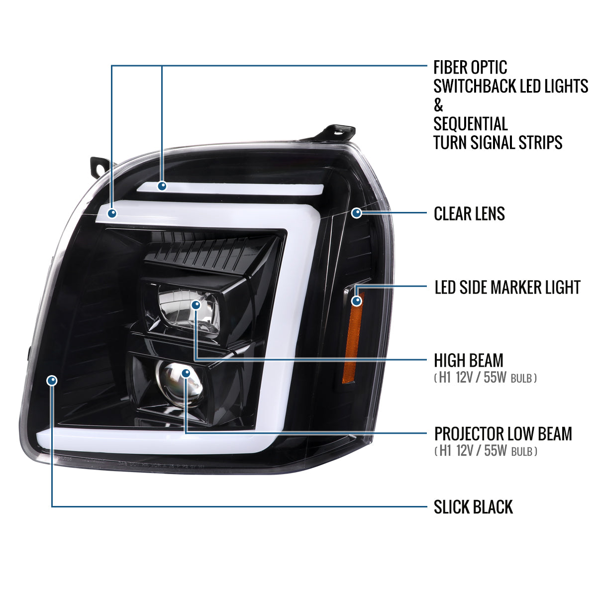 Ronnin - Fits 2007-2014 GMC Yukon XL 1500 2500 Upgraded LED Tube Switchback Sequential Turn Signal Projector Headlights Assembly Pair | Gloss Black