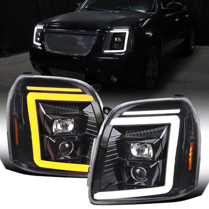 Ronnin - Fits 2007-2014 GMC Yukon XL 1500 2500 Upgraded LED Tube Switchback Sequential Turn Signal Projector Headlights Assembly Pair | Gloss Black