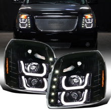 2007-2014 GMC Yukon XL 1500 2500 SLT Denali Upgrade Replacement LED Tube Running Lights Projector Headlights Assembly Pair | Gloss Black
