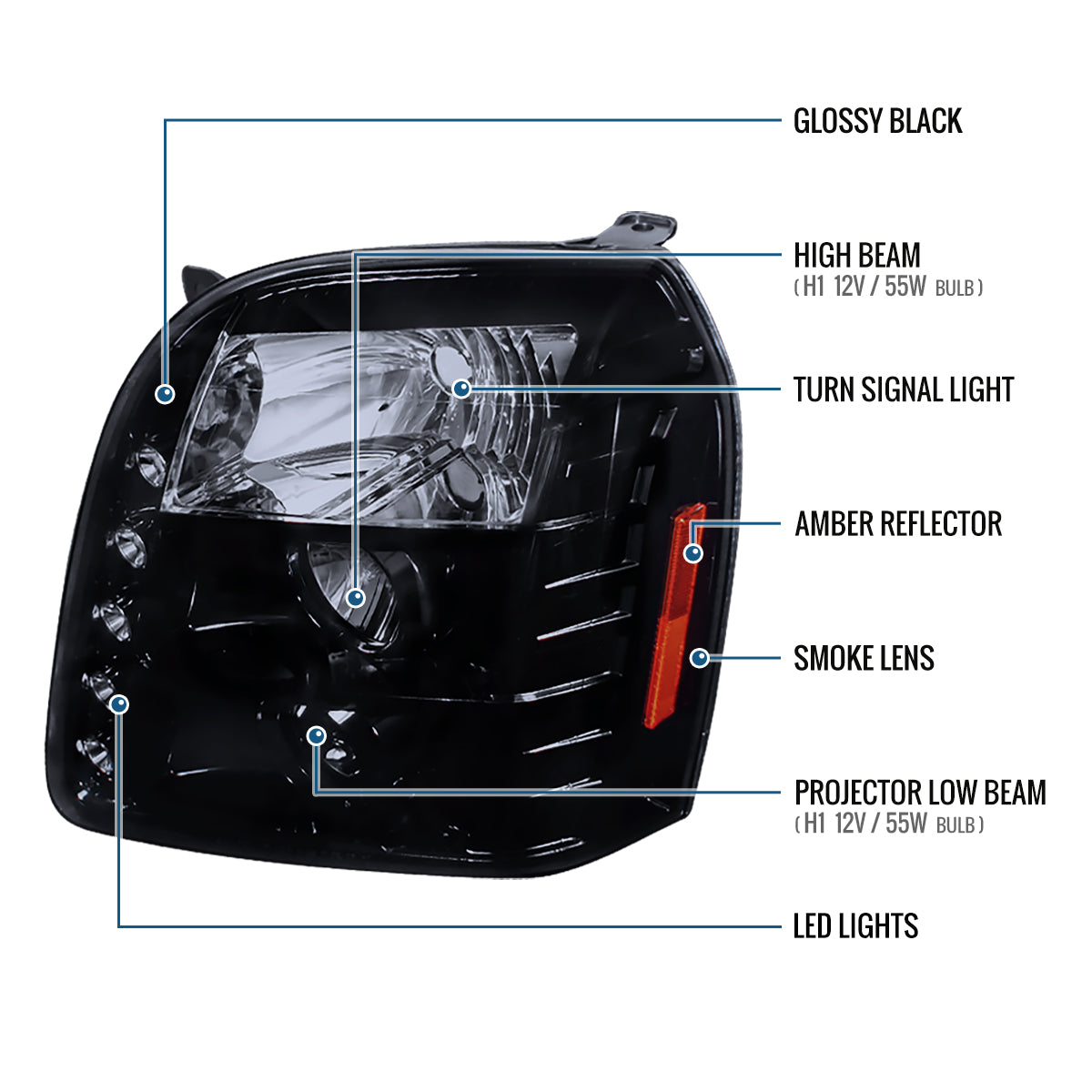 Ronnin - Se adapta a GMC Yukon XL 1500 2500 SLT Denali 2007-2014 Luces LED Proyector Conjunto de Faros Par | Negro Humo