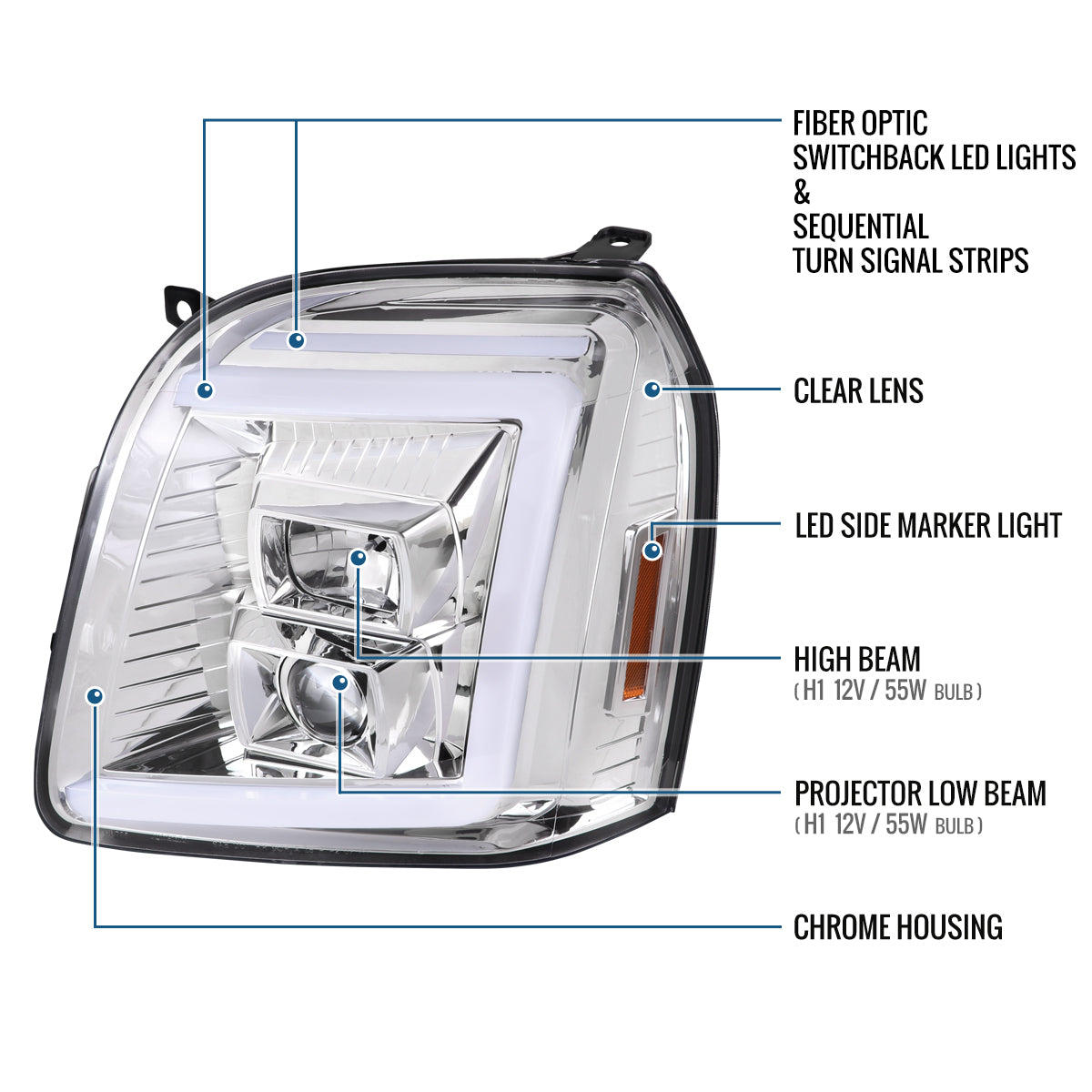 Ronnin - Fits 2007-2014 GMC Yukon XL 1500 2500 Upgraded LED Tube Switchback Sequential Turn Signal Projector Headlights Assembly Pair | Chrome