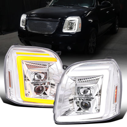 Ronnin - Fits 2007-2014 GMC Yukon XL 1500 2500 Upgraded LED Tube Switchback Sequential Turn Signal Projector Headlights Assembly Pair | Chrome