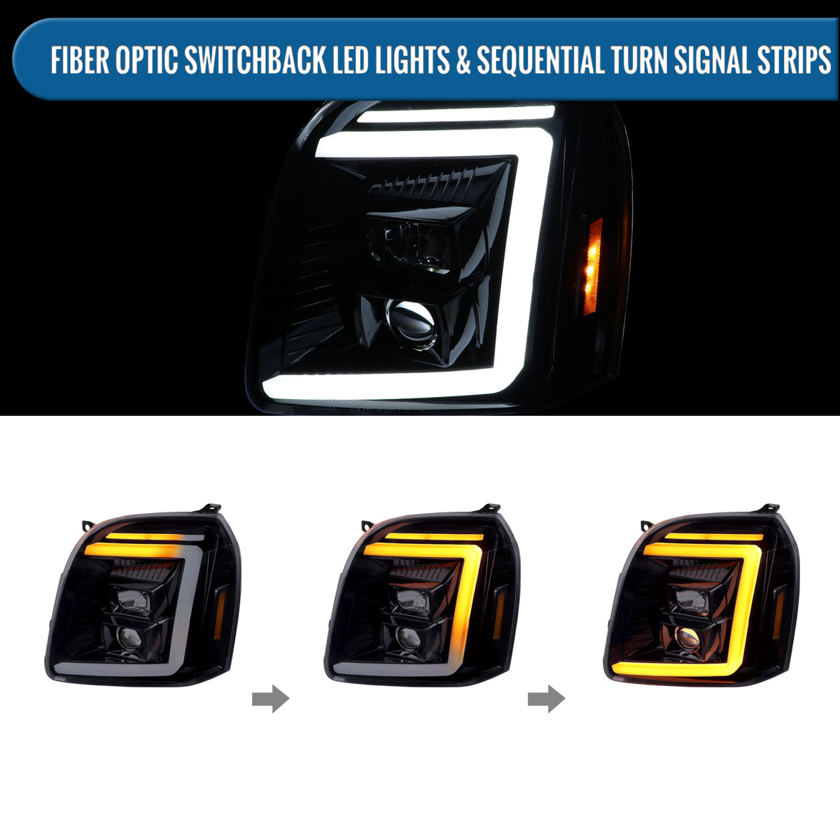 Ronnin - Fits 2007-2014 GMC Yukon XL 1500 2500 Upgraded LED Tube Switchback Sequential Turn Signal Projector Headlights Assembly Pair | Black Smoke