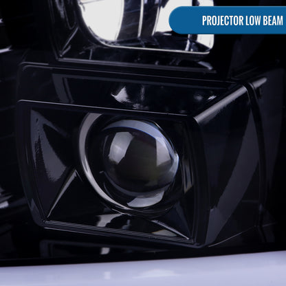 Ronnin - Fits 2007-2014 GMC Yukon XL 1500 2500 Upgraded LED Tube Switchback Sequential Turn Signal Projector Headlights Assembly Pair | Black Smoke