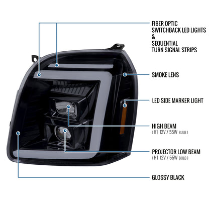 Ronnin - Fits 2007-2014 GMC Yukon XL 1500 2500 Upgraded LED Tube Switchback Sequential Turn Signal Projector Headlights Assembly Pair | Black Smoke