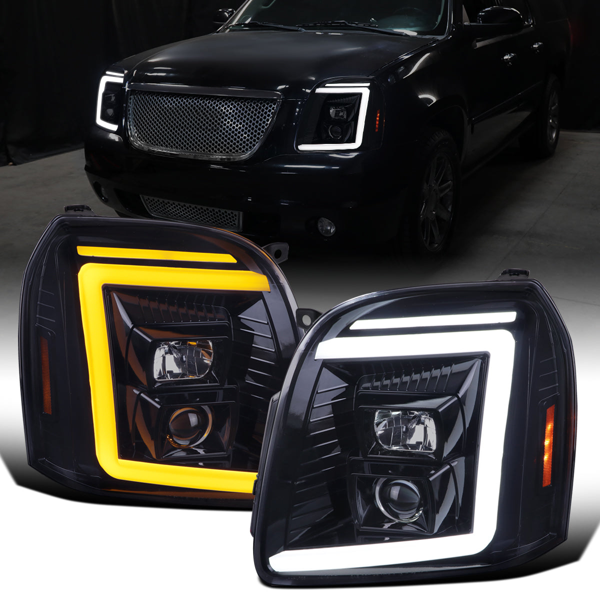 Ronnin - Fits 2007-2014 GMC Yukon XL 1500 2500 Upgraded LED Tube Switchback Sequential Turn Signal Projector Headlights Assembly Pair | Black Smoke