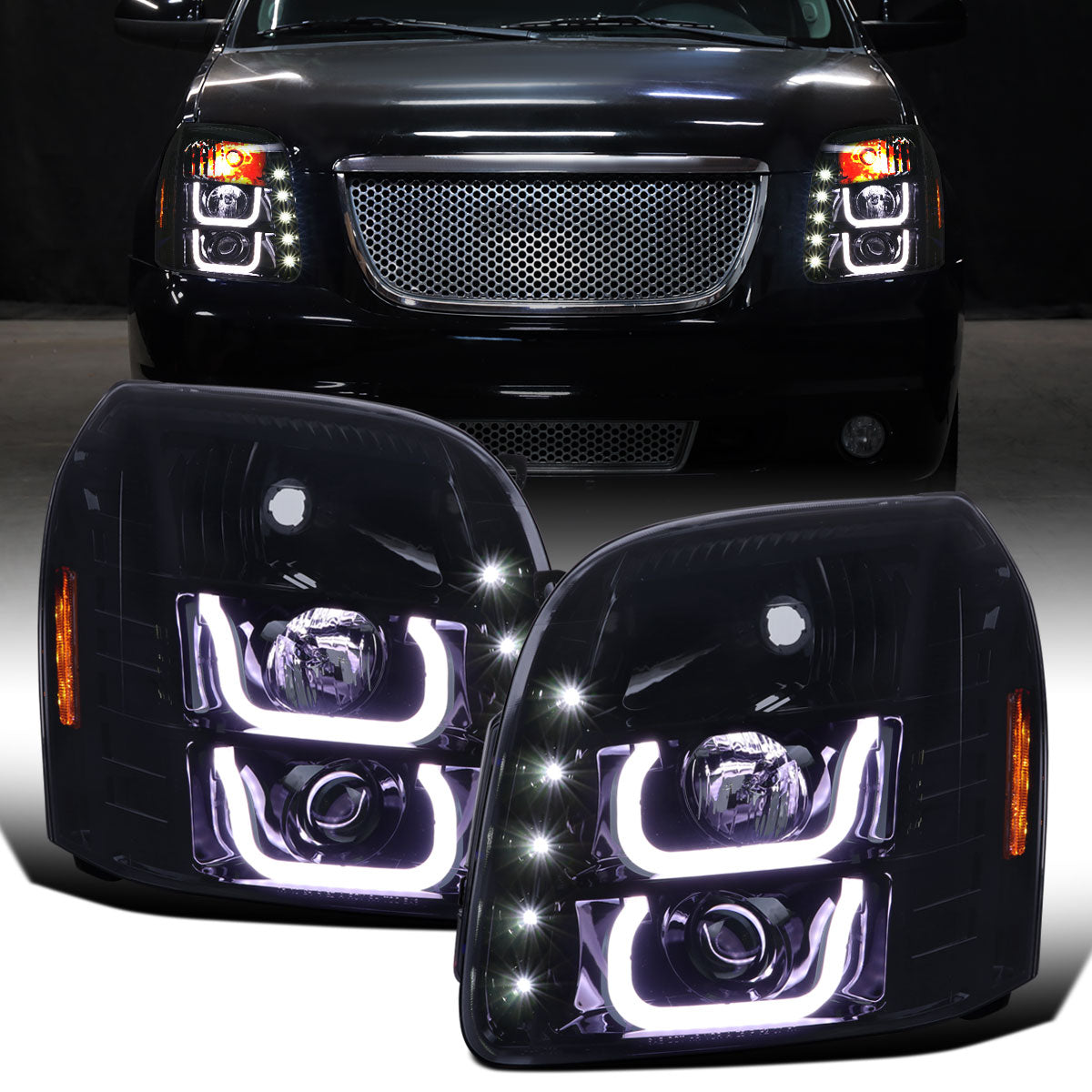Ronnin - Compatible con GMC Yukon XL 1500 2500 SLT Denali de 2007-2014, faros delanteros con proyector de tubo LED de repuesto mejorados, par | Negro humo