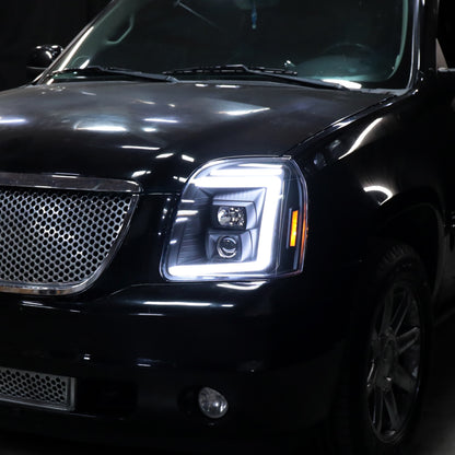 Ronnin - Fits 2007-2014 GMC Yukon XL 1500 2500 Upgraded LED Tube Switchback Sequential Turn Signal Projector Headlights Assembly Pair | Black