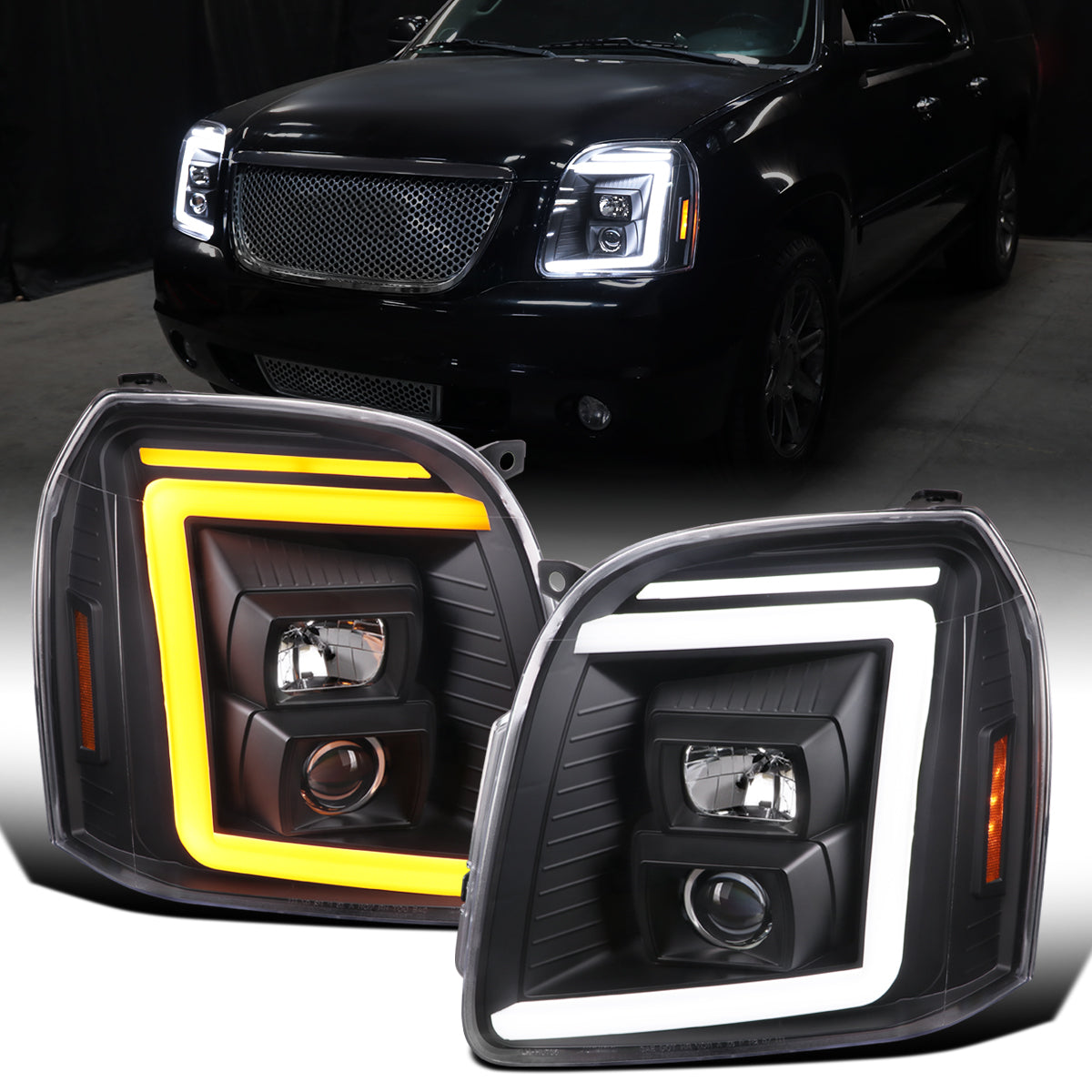 Ronnin - Fits 2007-2014 GMC Yukon XL 1500 2500 Upgraded LED Tube Switchback Sequential Turn Signal Projector Headlights Assembly Pair | Black