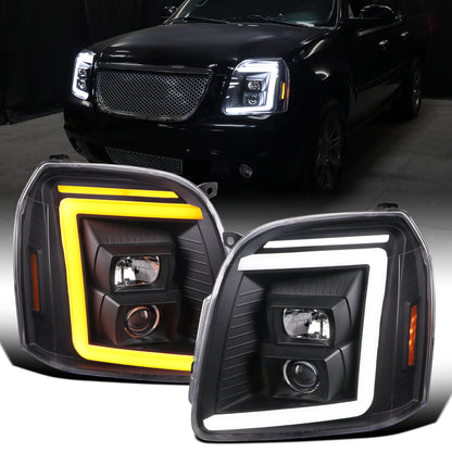 Ronnin - Fits 2007-2014 GMC Yukon XL 1500 2500 Upgraded LED Tube Switchback Sequential Turn Signal Projector Headlights Assembly Pair | Black