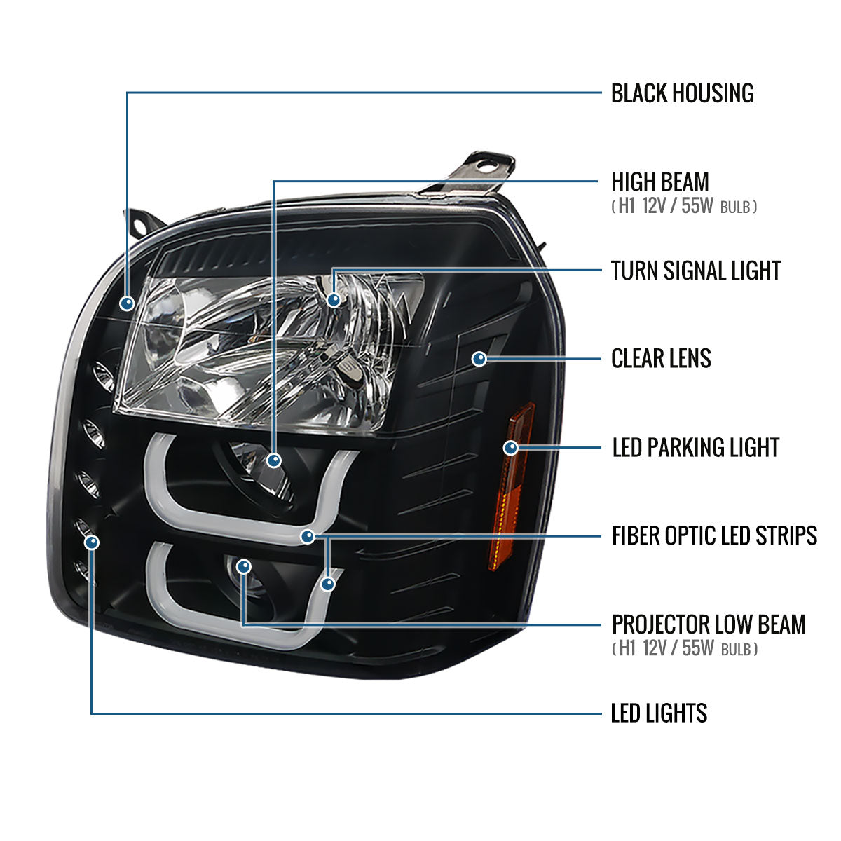 Ronnin - Compatible con GMC Yukon XL 1500 2500 SLT Denali años 2007-2014, faros delanteros con proyector y luces LED de circulación diurna, repuesto de mejora, par | Negro