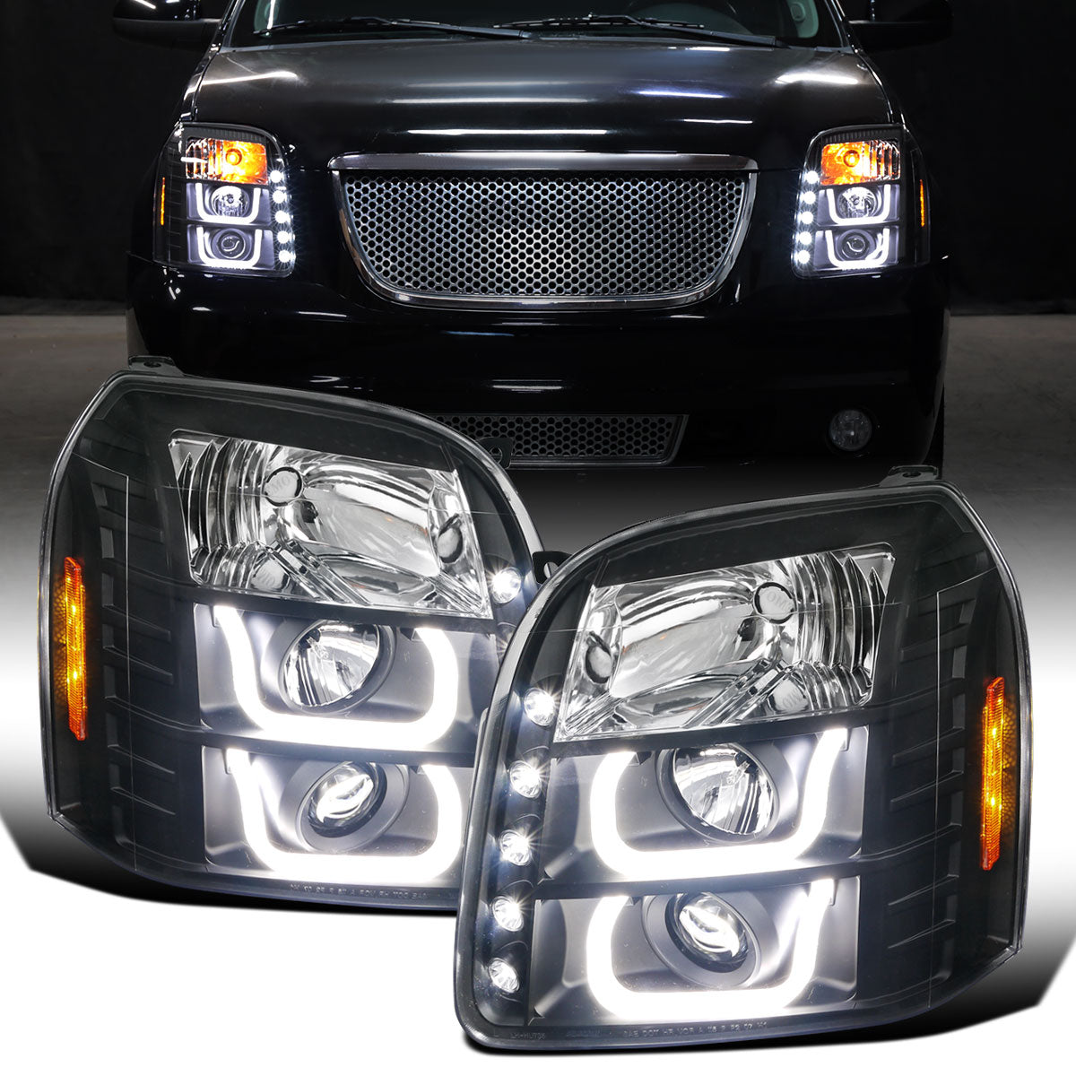 Ronnin - Compatible con GMC Yukon XL 1500 2500 SLT Denali años 2007-2014, faros delanteros con proyector y luces LED de circulación diurna, repuesto de mejora, par | Negro