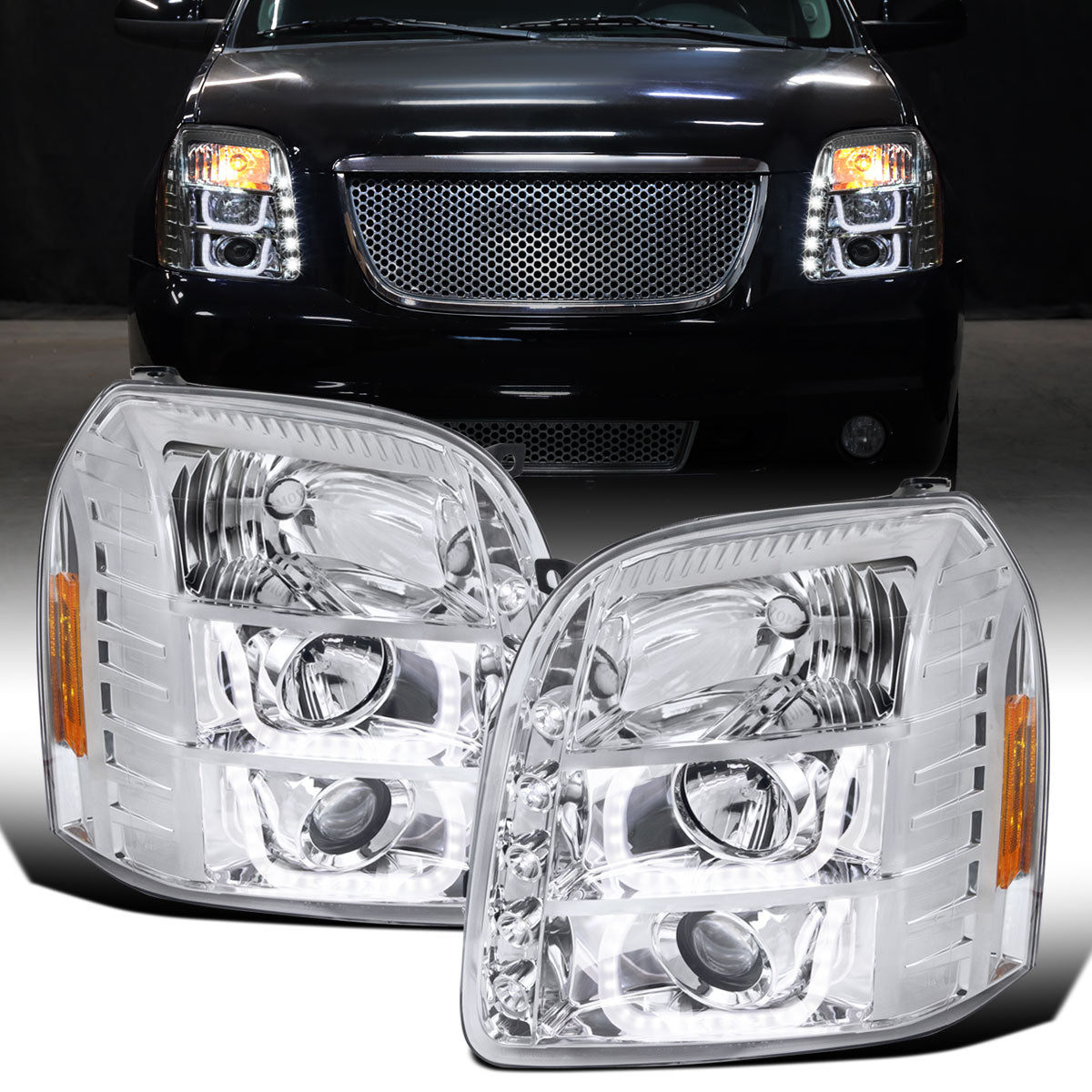 Ronnin - Compatible con GMC Yukon XL 1500 2500 SLT Denali 2007-2014, faros delanteros con proyector de tubo LED mejorados y luces de circulación diurna, par | Cromado