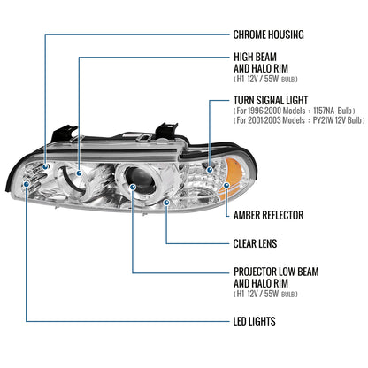 Ronnin - Se adapta a BMW E39 530i 528i 525i de 1996-2003, par de faros delanteros halógenos con proyector LED de doble aro mejorados | Cromo