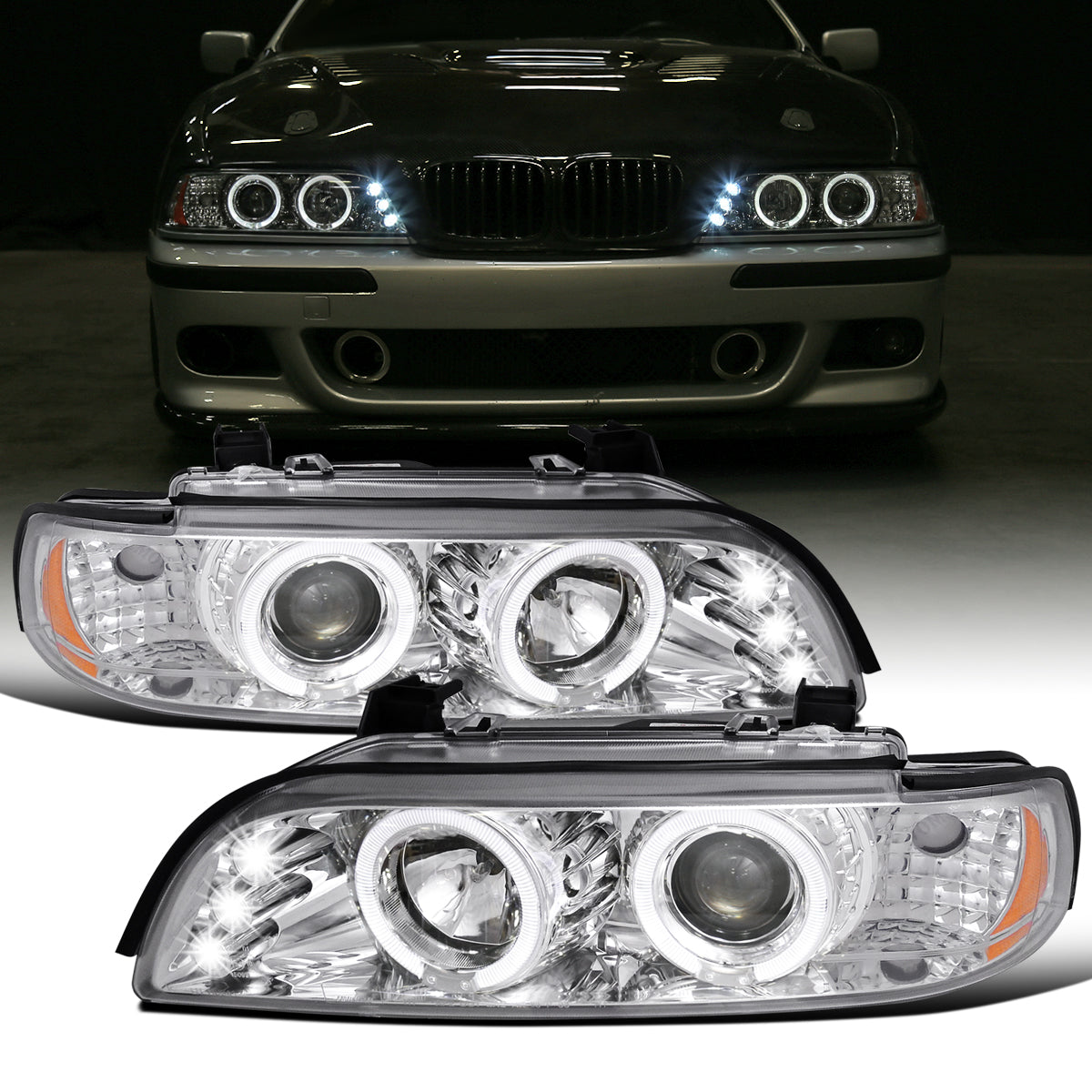 Ronnin - Se adapta a BMW E39 530i 528i 525i de 1996-2003, par de faros delanteros halógenos con proyector LED de doble aro mejorados | Cromo