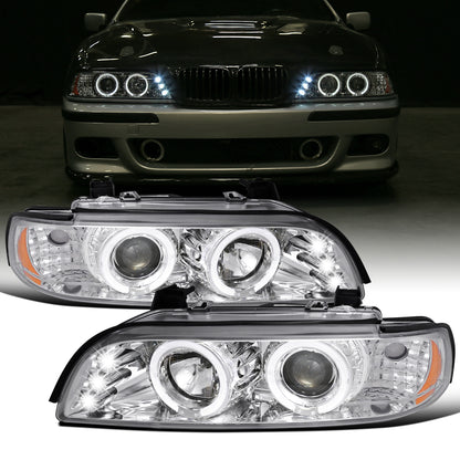 Ronnin - Se adapta a BMW E39 530i 528i 525i de 1996-2003, par de faros delanteros halógenos con proyector LED de doble aro mejorados | Cromo