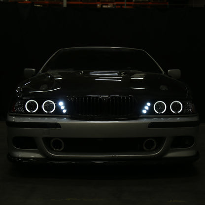 Ronnin - Compatible con BMW E39 530i 528i 525i 1996-2003 Ensamblaje de faros proyectores halógenos LED de doble aro mejorados de reemplazo | Ahumado