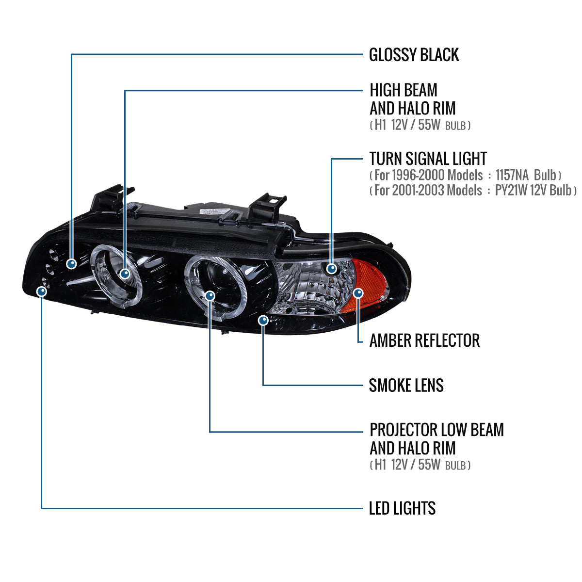 Ronnin - Compatible con BMW E39 530i 528i 525i 1996-2003 Ensamblaje de faros proyectores halógenos LED de doble aro mejorados de reemplazo | Ahumado
