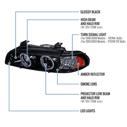 Ronnin - Compatible con BMW E39 530i 528i 525i 1996-2003 Ensamblaje de faros proyectores halógenos LED de doble aro mejorados de reemplazo | Ahumado