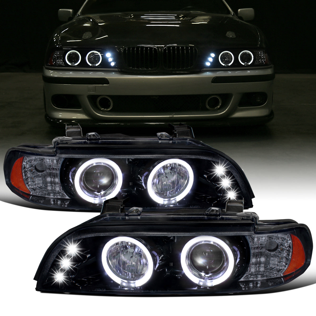 Ronnin - Compatible con BMW E39 530i 528i 525i 1996-2003 Ensamblaje de faros proyectores halógenos LED de doble aro mejorados de reemplazo | Ahumado