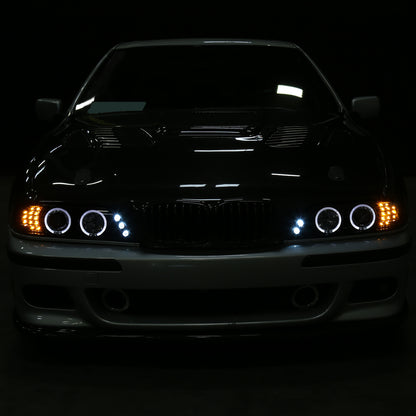 Ronnin - Compatible con BMW E39 530i 525i 525xi 540i de 2001-2003, par de faros delanteros de proyector halógeno con doble aro LED de repuesto mejorado | Negro humo
