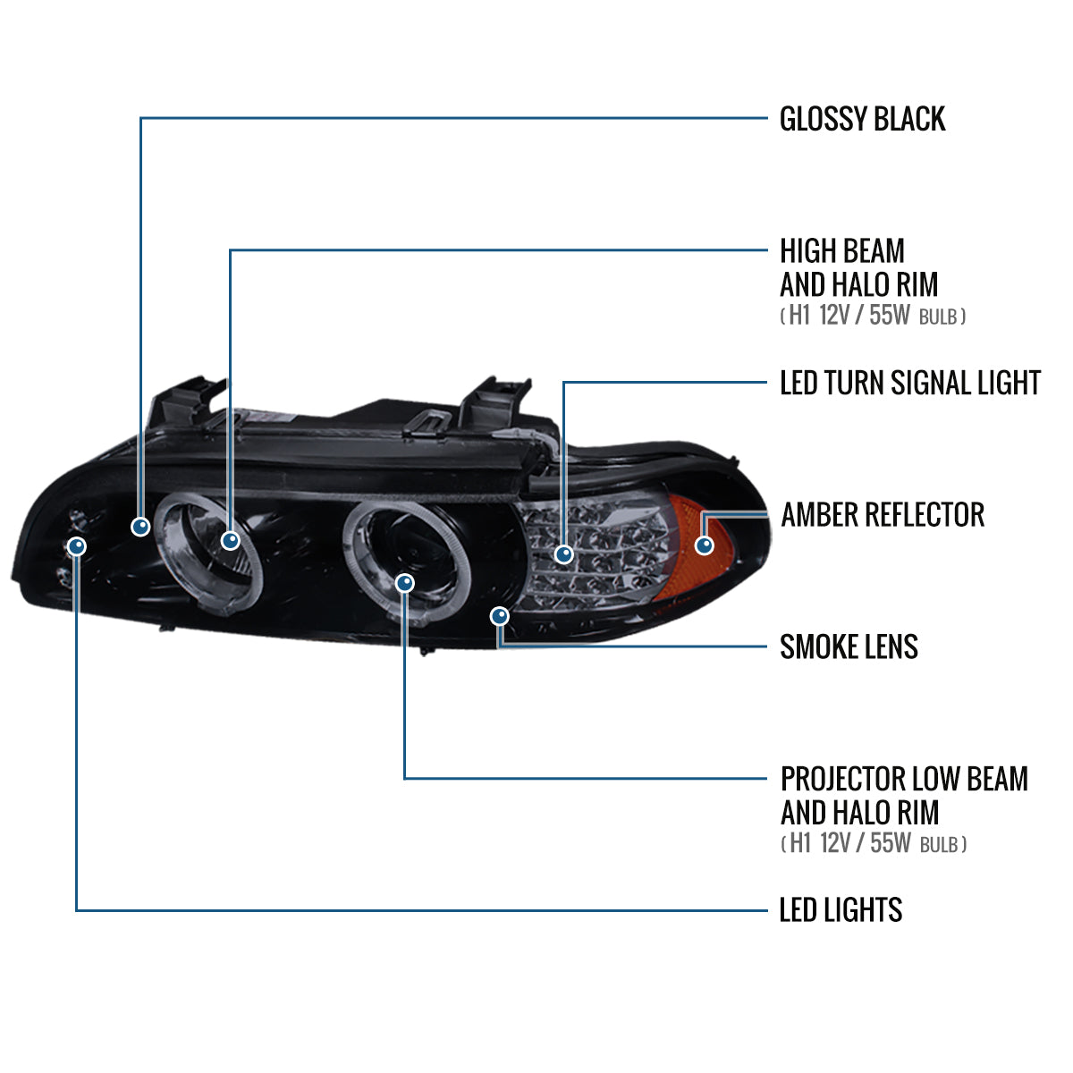 Ronnin - Compatible con BMW E39 530i 525i 525xi 540i de 2001-2003, par de faros delanteros de proyector halógeno con doble aro LED de repuesto mejorado | Negro humo
