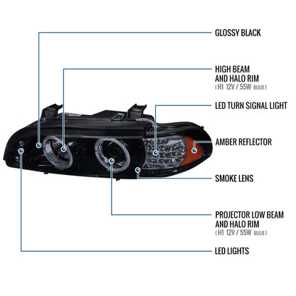 Ronnin - Compatible con BMW E39 530i 525i 525xi 540i de 2001-2003, par de faros delanteros de proyector halógeno con doble aro LED de repuesto mejorado | Negro humo