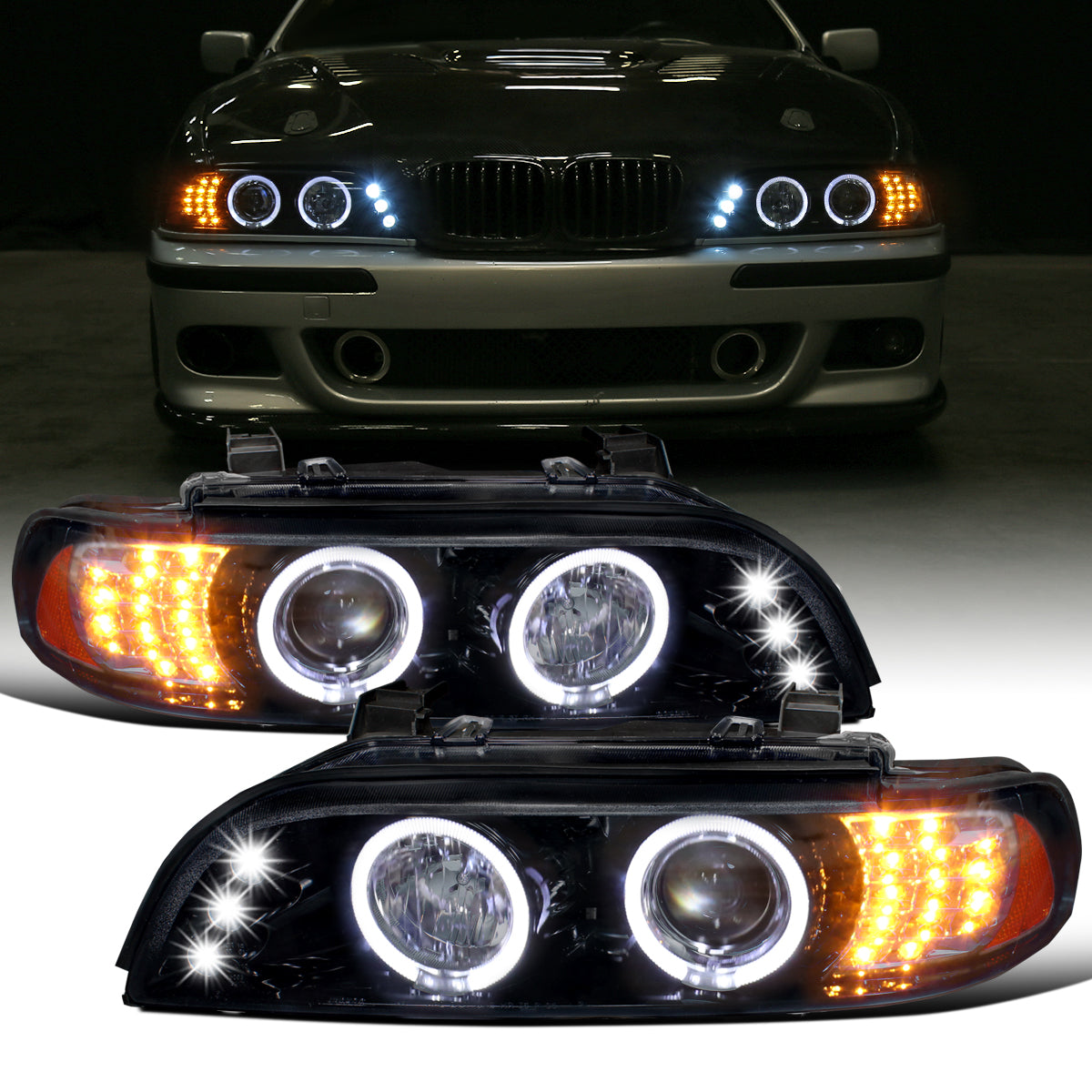 Ronnin - Compatible con BMW E39 530i 525i 525xi 540i de 2001-2003, par de faros delanteros de proyector halógeno con doble aro LED de repuesto mejorado | Negro humo