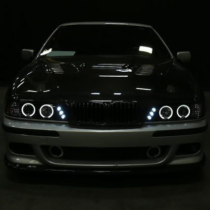 Ronnin - Compatible con BMW E39 530i 528i 525i 1996-2003 Ensamblaje de faros proyectores halógenos LED de doble aro de repuesto mejorado | Negro