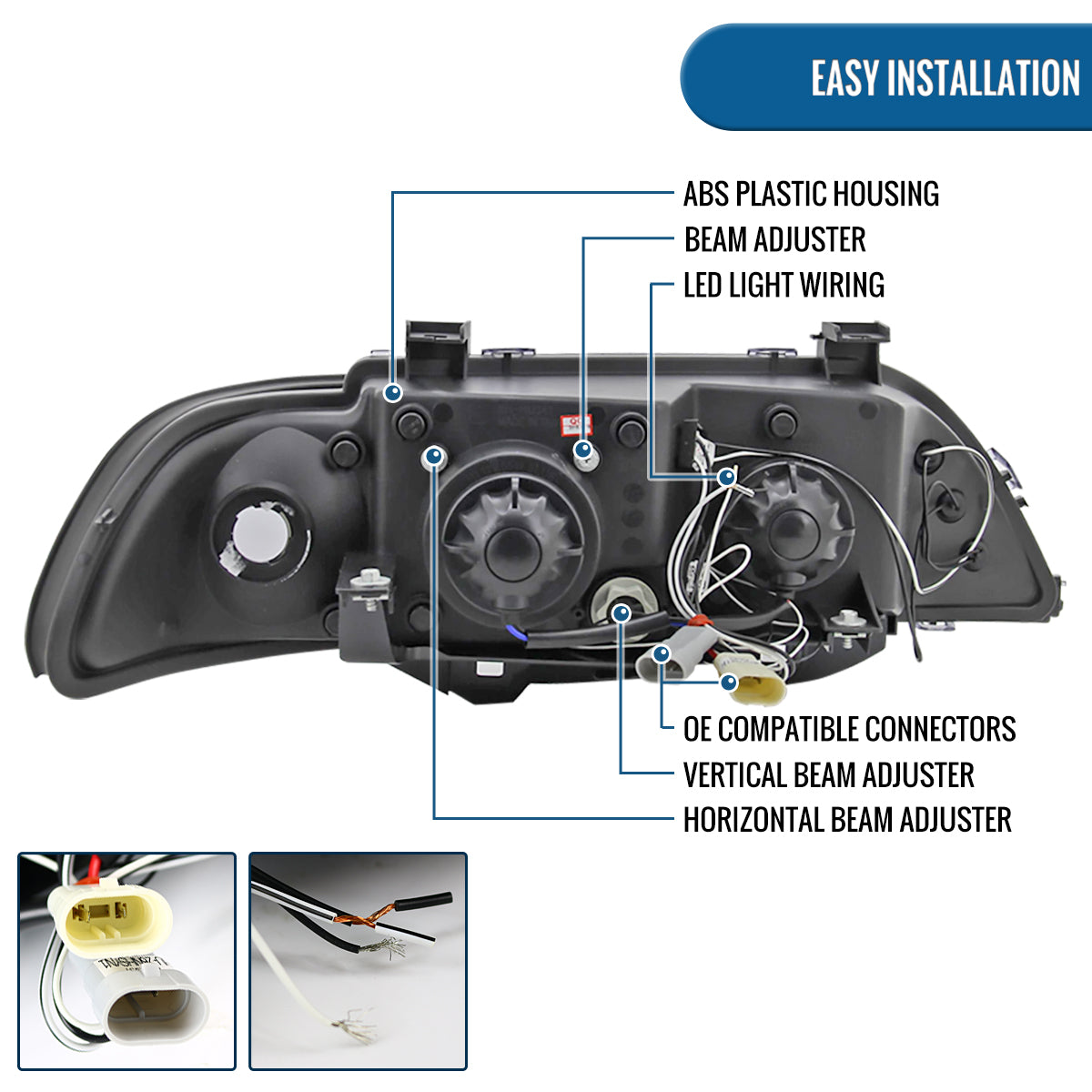 Ronnin - Compatible con BMW E39 530i 528i 525i 1996-2003 Ensamblaje de faros proyectores halógenos LED de doble aro de repuesto mejorado | Negro