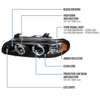 Ronnin - Compatible con BMW E39 530i 528i 525i 1996-2003 Ensamblaje de faros proyectores halógenos LED de doble aro de repuesto mejorado | Negro
