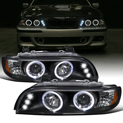 Ronnin - Compatible con BMW E39 530i 528i 525i 1996-2003 Ensamblaje de faros proyectores halógenos LED de doble aro de repuesto mejorado | Negro