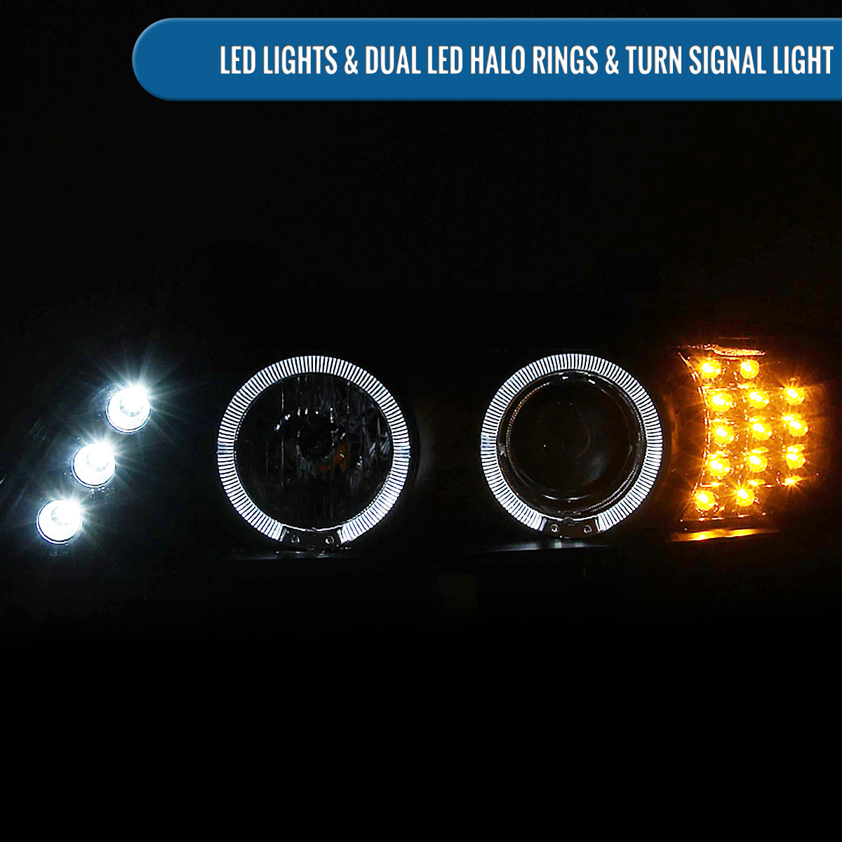 Ronnin - Compatible con BMW E39 530i 525i 525xi 540i de 2001-2003, par de faros delanteros de proyector halógeno con aros dobles LED de repuesto mejorados | Negros