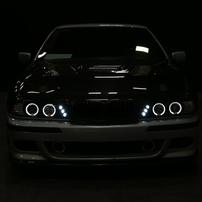 Ronnin - Compatible con BMW E39 530i 525i 525xi 540i de 2001-2003, par de faros delanteros de proyector halógeno con aros dobles LED de repuesto mejorados | Negros