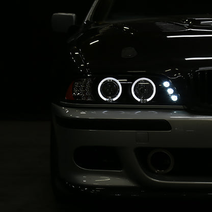 Ronnin - Compatible con BMW E39 530i 525i 525xi 540i de 2001-2003, par de faros delanteros de proyector halógeno con aros dobles LED de repuesto mejorados | Negros
