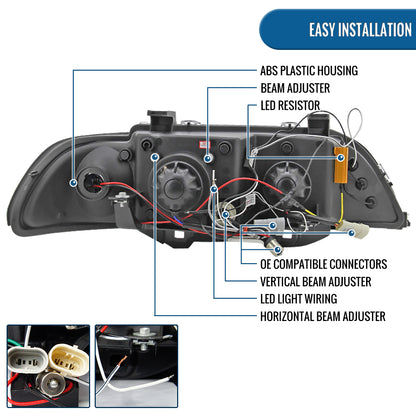 Ronnin - Compatible con BMW E39 530i 525i 525xi 540i de 2001-2003, par de faros delanteros de proyector halógeno con aros dobles LED de repuesto mejorados | Negros