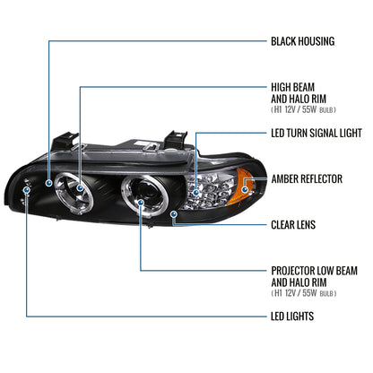 Ronnin - Compatible con BMW E39 530i 525i 525xi 540i de 2001-2003, par de faros delanteros de proyector halógeno con aros dobles LED de repuesto mejorados | Negros
