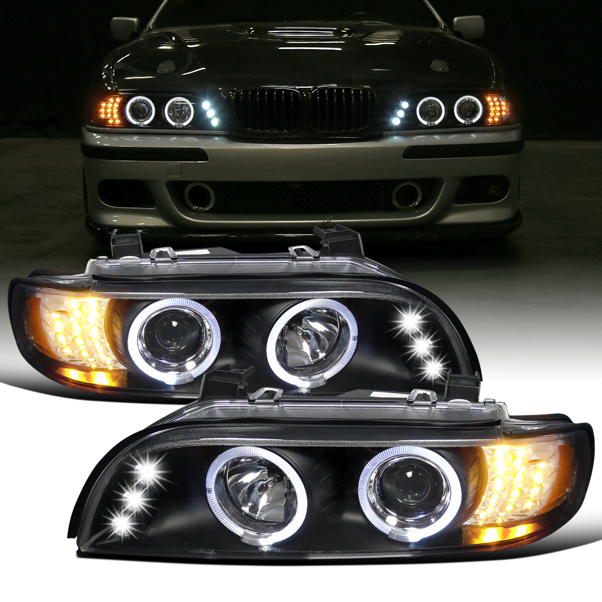 Ronnin - Compatible con BMW E39 530i 525i 525xi 540i de 2001-2003, par de faros delanteros de proyector halógeno con aros dobles LED de repuesto mejorados | Negros