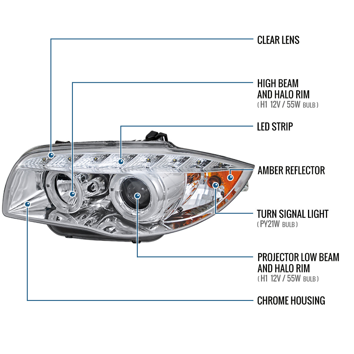 Ronnin - Fits 2004-2013 BMW E87 E81 Euro E82 E88 US 120i 128i 135i Upgraded Replacement LED Angel Eye Projector Headlights Assembly Pair | Chrome
