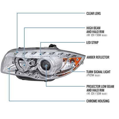Ronnin - Fits 2004-2013 BMW E87 E81 Euro E82 E88 US 120i 128i 135i Upgraded Replacement LED Angel Eye Projector Headlights Assembly Pair | Chrome