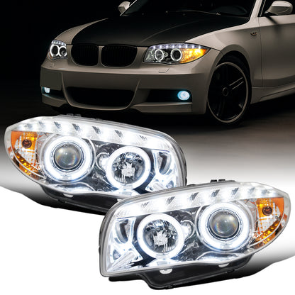 Ronnin - Fits 2004-2013 BMW E87 E81 Euro E82 E88 US 120i 128i 135i Upgraded Replacement LED Angel Eye Projector Headlights Assembly Pair | Chrome