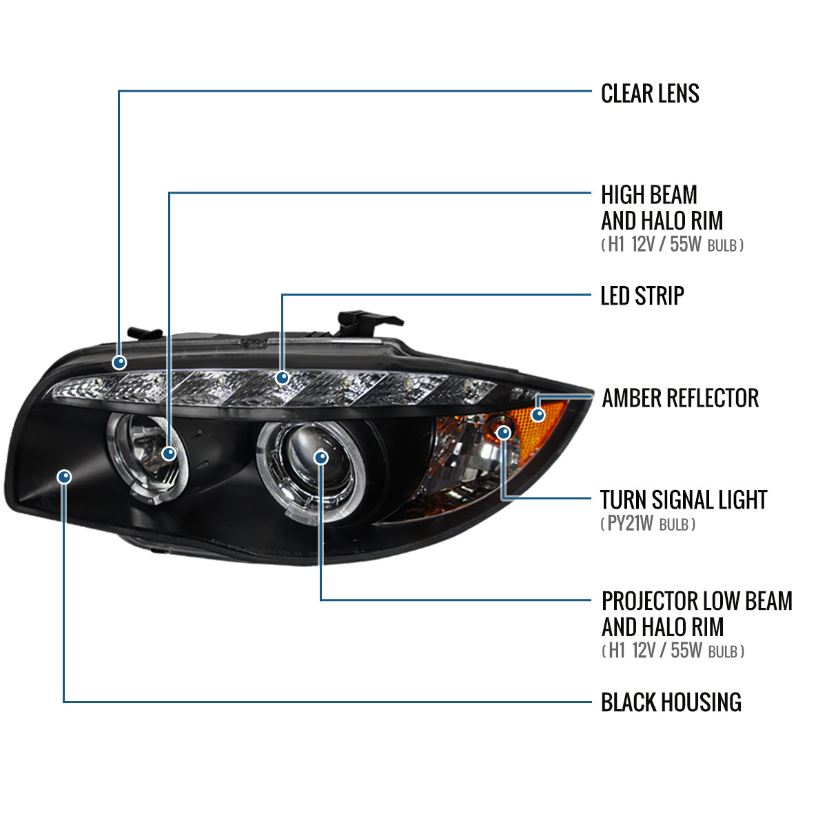 Ronnin - Compatible con BMW E87 E81 Euro E82 E88 US 120i 128i 135i de 2004-2013 | Conjunto de faros delanteros con proyector de LED Angel Eye mejorado | Par | Negro