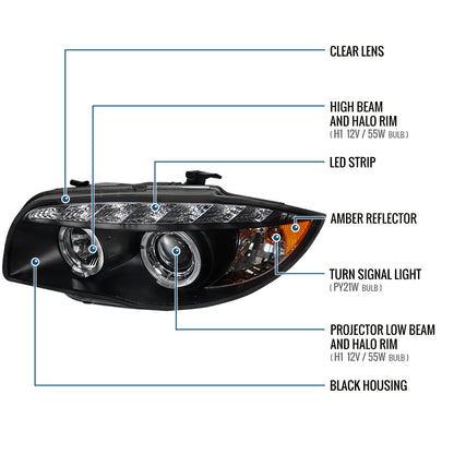 Ronnin - Compatible con BMW E87 E81 Euro E82 E88 US 120i 128i 135i de 2004-2013 | Conjunto de faros delanteros con proyector de LED Angel Eye mejorado | Par | Negro