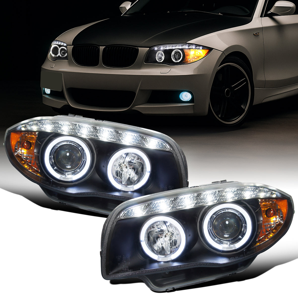 Ronnin - Compatible con BMW E87 E81 Euro E82 E88 US 120i 128i 135i de 2004-2013 | Conjunto de faros delanteros con proyector de LED Angel Eye mejorado | Par | Negro