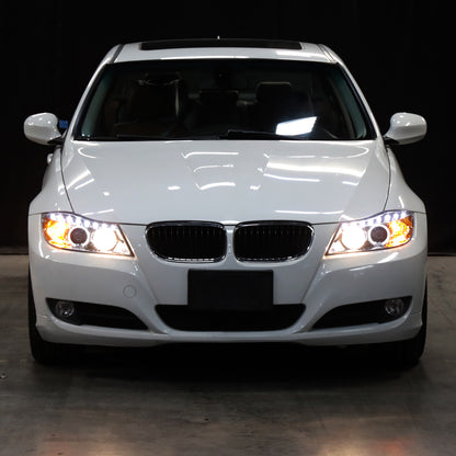 Ronnin - Fits 2006-2008 BMW 3-Series E90 325i 328i 330i E91 Wagon LED Angel Eyes Driving Lights Halogen Projector Headlights Assembly Pair | Chrome