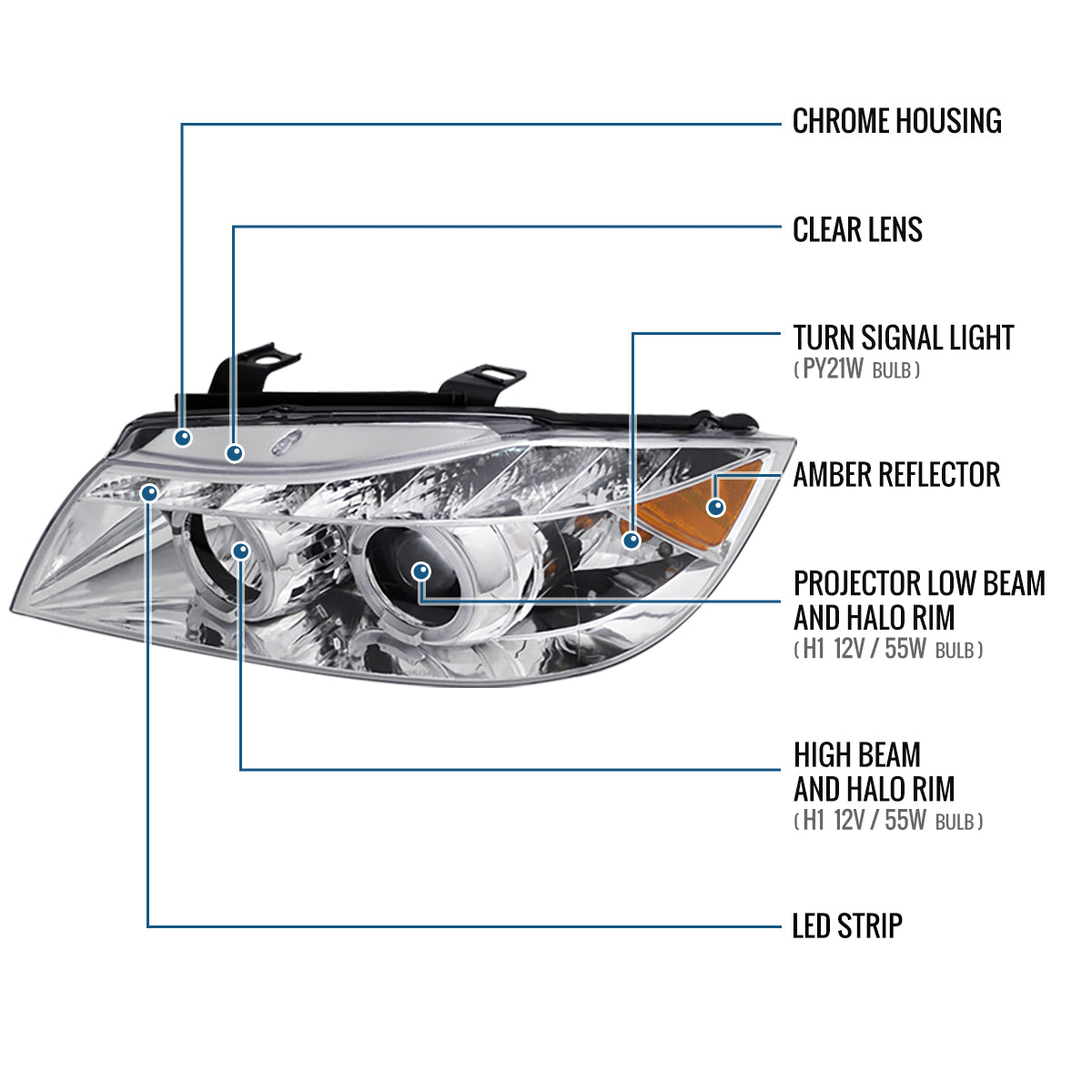 Ronnin - Fits 2006-2008 BMW 3-Series E90 325i 328i 330i E91 Wagon LED Angel Eyes Driving Lights Halogen Projector Headlights Assembly Pair | Chrome