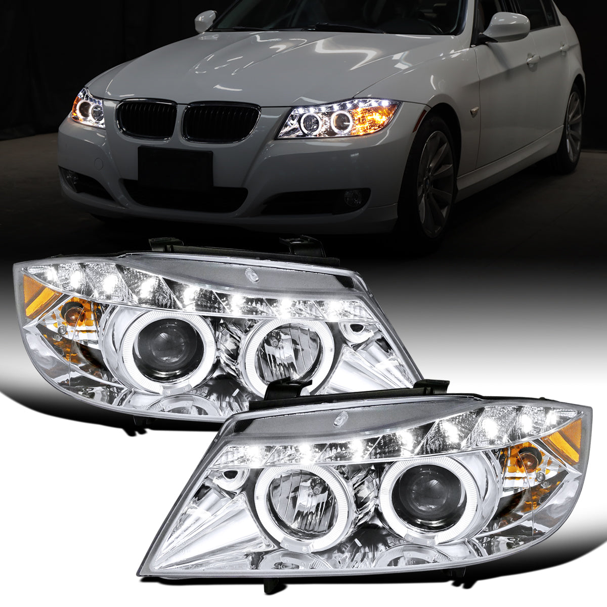 Ronnin - Fits 2006-2008 BMW 3-Series E90 325i 328i 330i E91 Wagon LED Angel Eyes Driving Lights Halogen Projector Headlights Assembly Pair | Chrome