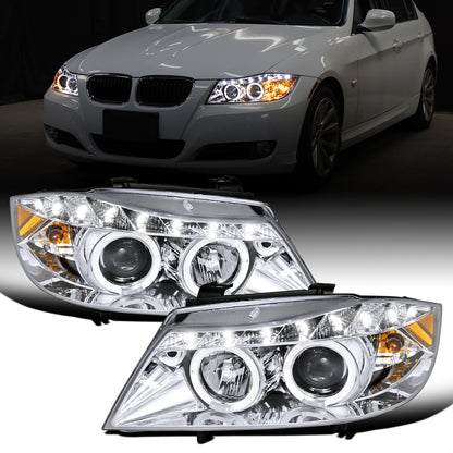 Ronnin - Fits 2006-2008 BMW 3-Series E90 325i 328i 330i E91 Wagon LED Angel Eyes Driving Lights Halogen Projector Headlights Assembly Pair | Chrome