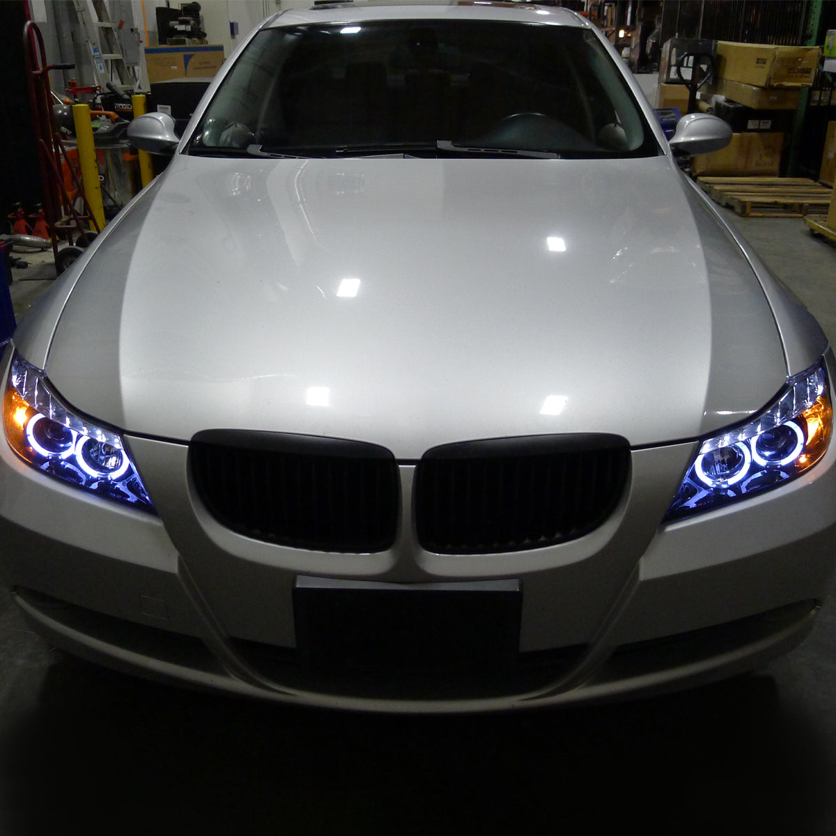 Ronnin - Fits 2006-2008 BMW 3-Series E90 325i 328i 330i E91 Wagon LED Angel Eyes Driving Lights Halogen Projector Headlights Assembly Pair | Black Smoke