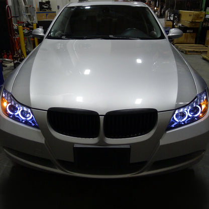 Ronnin - Fits 2006-2008 BMW 3-Series E90 325i 328i 330i E91 Wagon LED Angel Eyes Driving Lights Halogen Projector Headlights Assembly Pair | Black Smoke